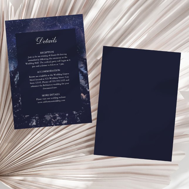 Celestial Starry Night Wedding Details Card (Starry Night Forest Wedding Details Card on a sunny white dry palm leaf.)