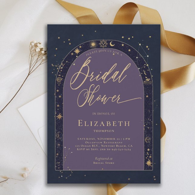 Celestial Starry Night Zodiac Planet Bridal Shower Invitation (celestial bridal shower invitation zodiac signs astrology map universe bespoke navy blue purple)