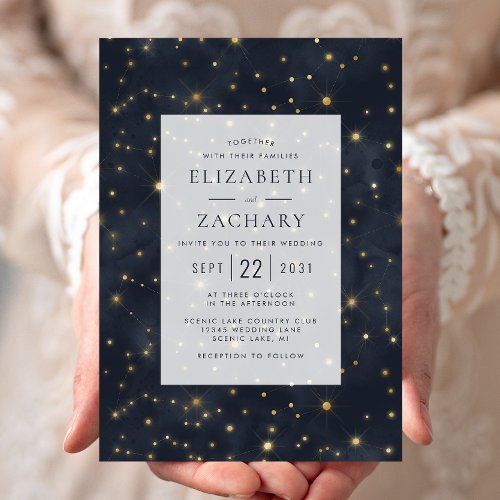 Celestial Starry Sky Midnight Blue Gold Wedding Invitation