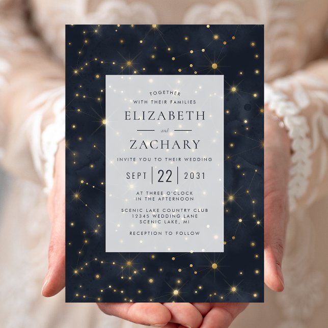 Celestial Starry Sky Midnight Blue Gold Wedding Invitation (Creator Uploaded)