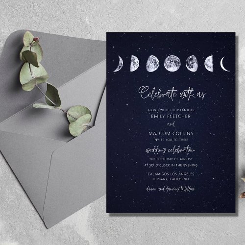 Celestial Starry Sky Moon Phases Celebrate Wedding Invitation