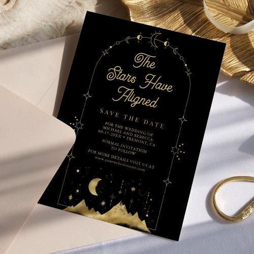 Celestial Stars Black Gold Crescent Moon Wedding Save The Date