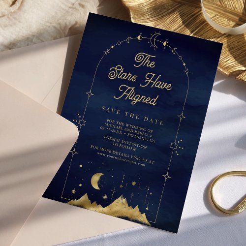 Celestial Stars Blue Gold Crescent Moon Wedding Save The Date
