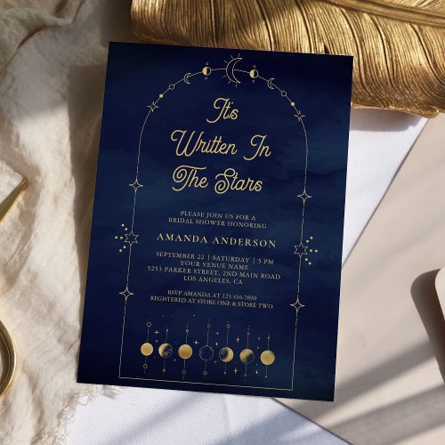 Celestial Stars Blue Gold Moon Bridal Shower Invitation