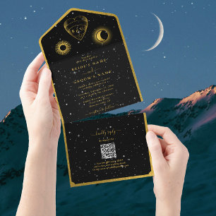 Celestial Stars Crescent Moon Black Gold Wedding All In One Invitation