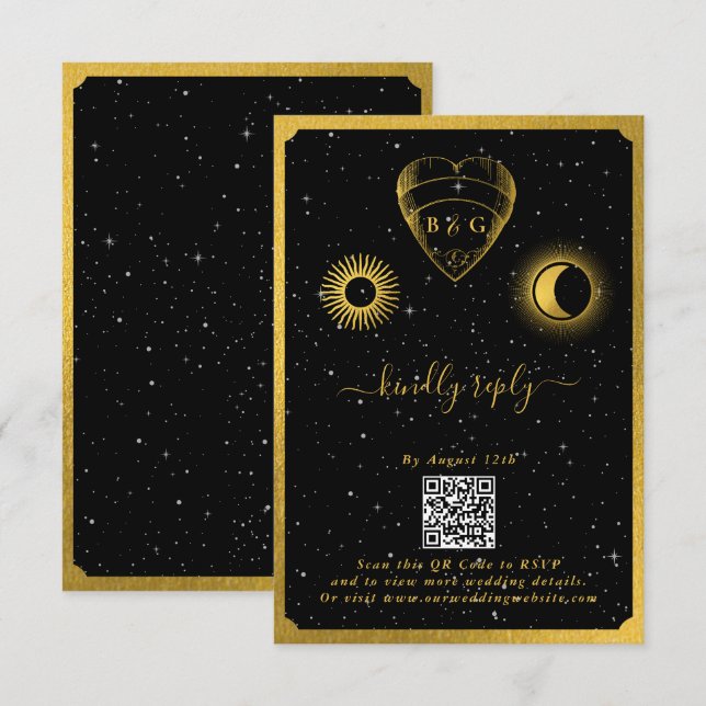 Celestial Stars Crescent Moon Black Gold Wedding Enclosure Card (Front/Back)
