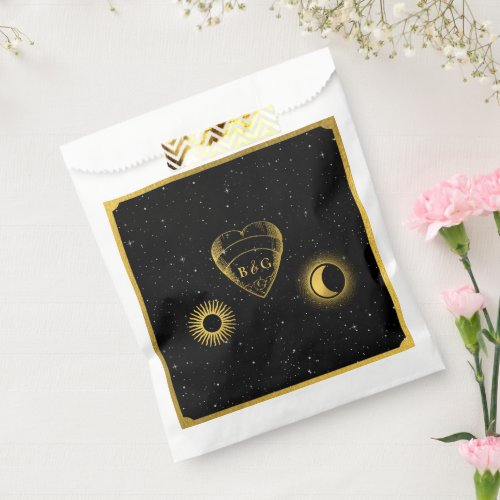 Celestial Stars Crescent Moon Black Gold Wedding Favor Bag