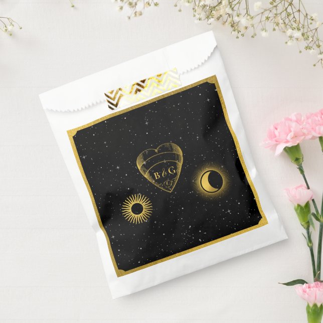 Celestial Stars Crescent Moon Black Gold Wedding Favor Bag (Sealed)