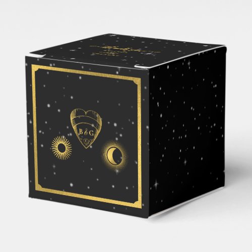 Celestial Stars Crescent Moon Black Gold Wedding Favor Boxes