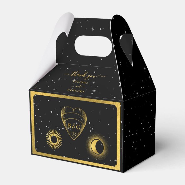 Celestial Stars Crescent Moon Black Gold Wedding Favor Boxes (Front Side)