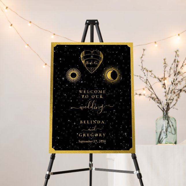 Celestial Stars Crescent Moon Black Gold Wedding Foam Board (In Situ (Stand))