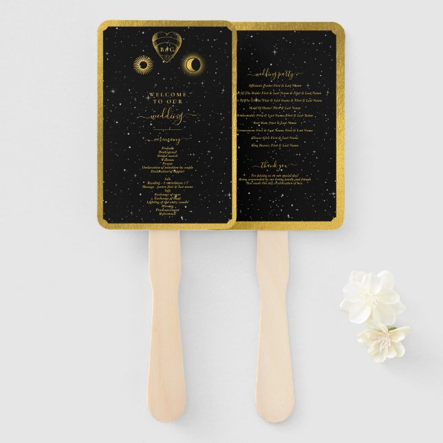 Celestial Stars Crescent Moon Black Gold Wedding Hand Fan (Front and Back)