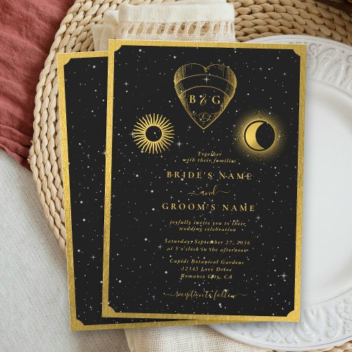 Celestial Stars Crescent Moon Black Gold Wedding Invitation