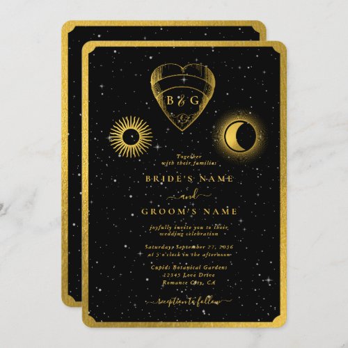 Celestial Stars Crescent Moon Black Gold Wedding Invitation