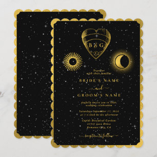 Celestial Stars Crescent Moon Black Gold Wedding Invitation