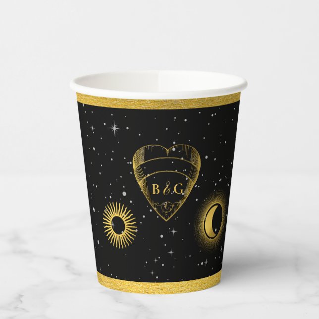 Celestial Stars Crescent Moon Black Gold Wedding Paper Cups (Left)