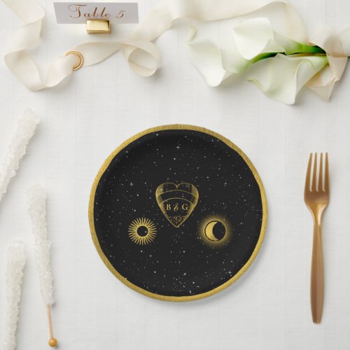 Celestial Stars Crescent Moon Black Gold Wedding Paper Plates