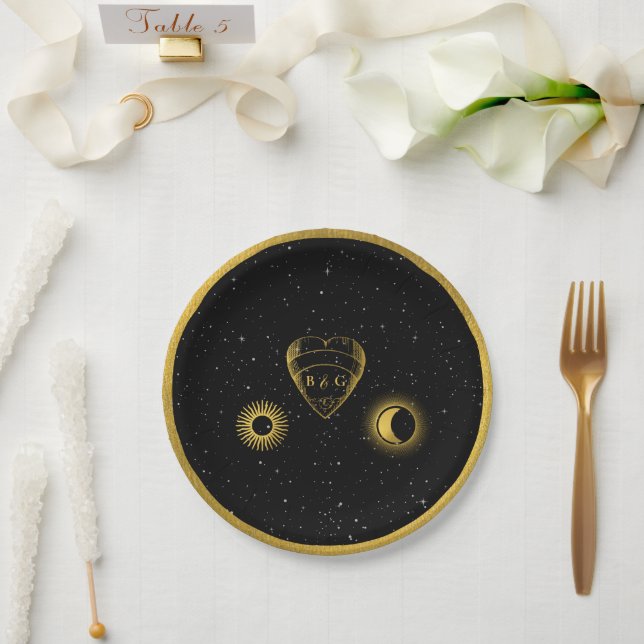 Celestial Stars Crescent Moon Black Gold Wedding Paper Plates (Wedding)