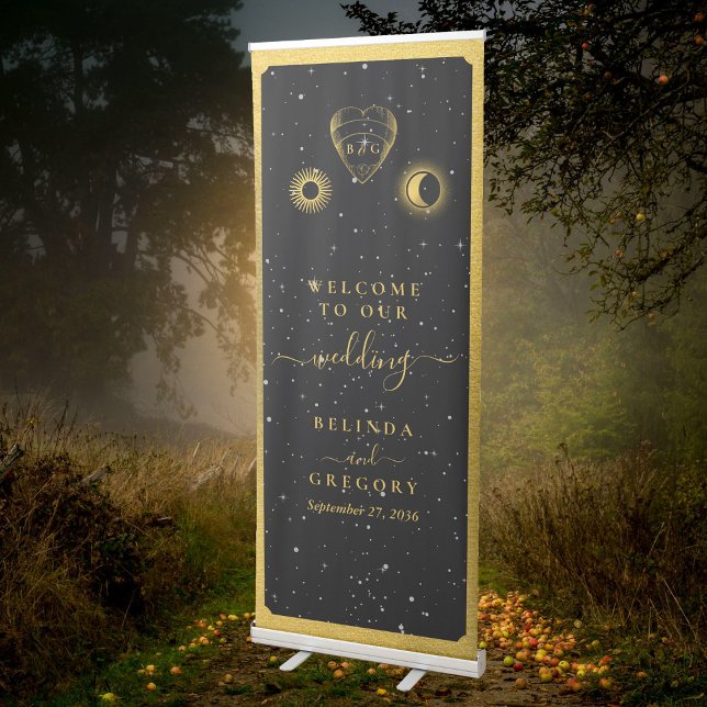 Celestial Stars Crescent Moon Black Gold Wedding Retractable Banner (Celestial Stars Crescent Moon Black Gold Wedding Retractable Banner)