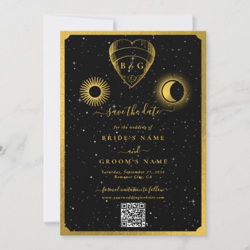 Celestial Stars Crescent Moon Black Gold Wedding Save The Date