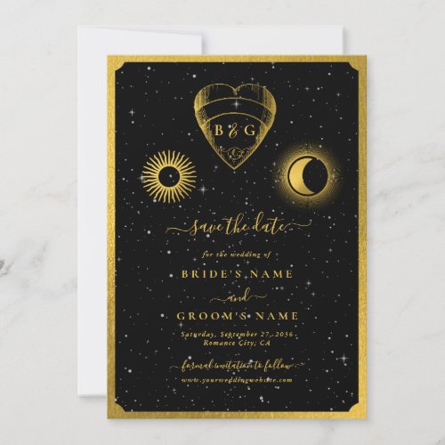 Celestial Stars Crescent Moon Black Gold Wedding Save The Date