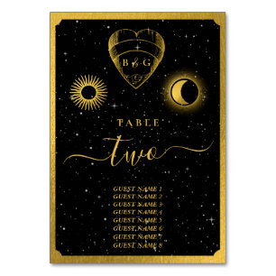 Celestial Stars Crescent Moon Black Gold Wedding Table Number