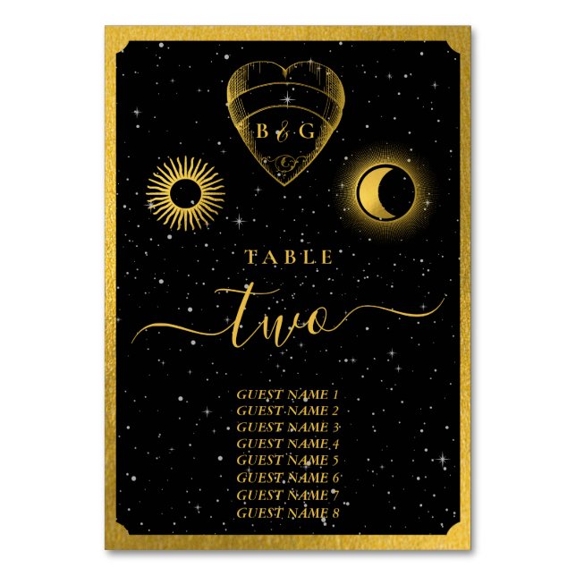 Celestial Stars Crescent Moon Black Gold Wedding Table Number (Front)