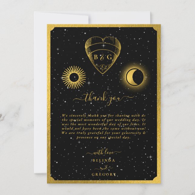 Celestial Stars Crescent Moon Black Gold Wedding Thank You Card (Front)