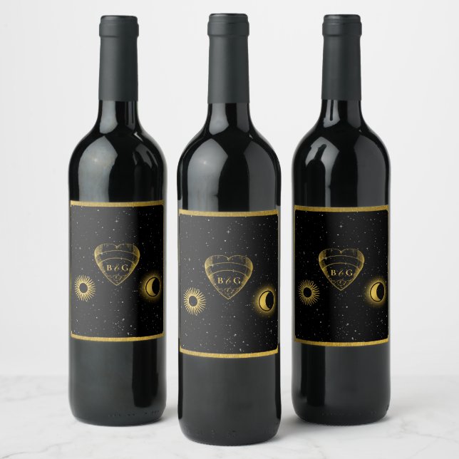 Celestial Stars Crescent Moon Black Gold Wedding Wine Label (Bottles)