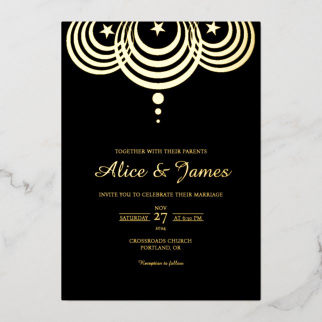 Celestial Stars Elegant Black Gold Foil Wedding Invitation (Front)