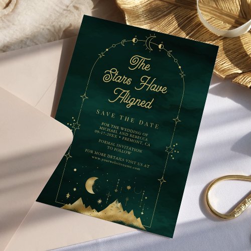 Celestial Stars Emerald Gold Crescent Moon Wedding Save The Date