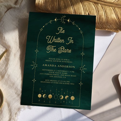 Celestial Stars Emerald Gold Moon Bridal Shower Invitation