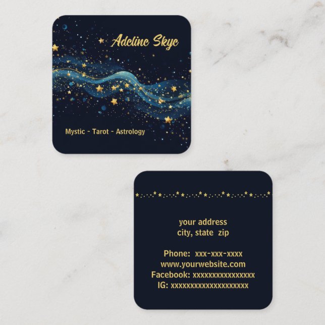 Celestial stars in gold on blue square business card (Front/Back)