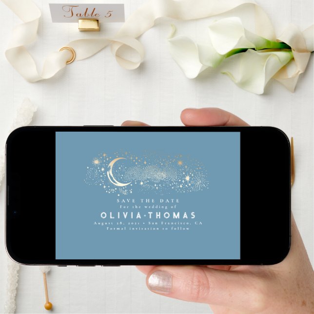 Celestial Stars Moon Dusty Blue Save the Date (Front Digital)