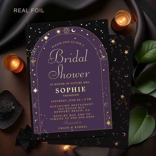 Celestial Stars Moon Gold Boho Arch Bridal Shower Foil Invitation
