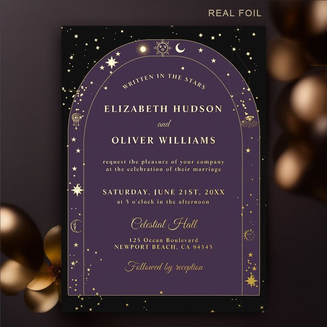 Celestial Stars Moon Gold Boho Arch Wedding Foil Invitation (celestial wedding invitation moon stars sun planets starry night boho arch black purple gold zodiac)