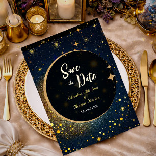 Celestial Stars Moon Halo Midnight Blue Wedding Save The Date