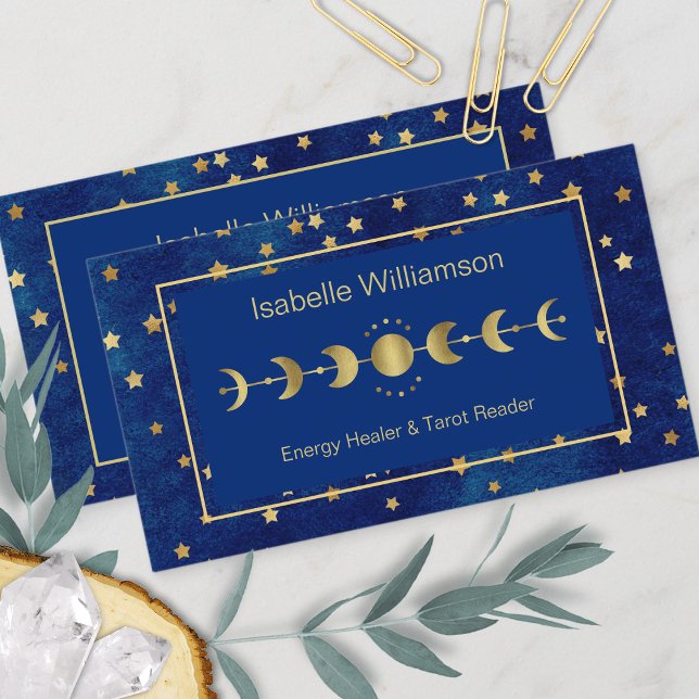 Celestial Stars Moon Phase Navy Blue Gold Business Card (Creator Uploaded)