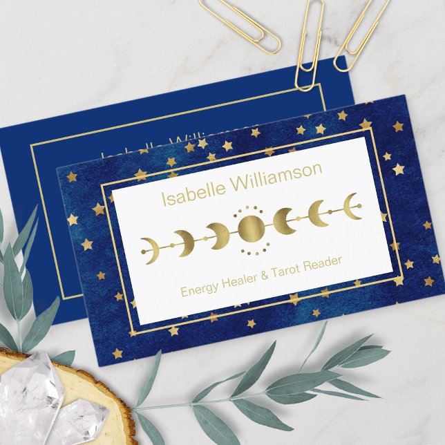 Celestial Stars Moon Phase Navy Blue Gold Business Card (Creator Uploaded)