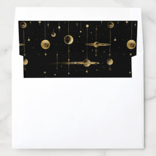 Celestial Stars Moon Planets Black Gold Wedding Envelope Liner