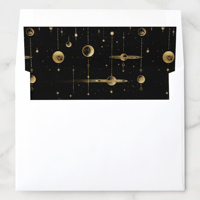 Celestial Stars Moon Planets Black Gold Wedding Envelope Liner (In Envelope)