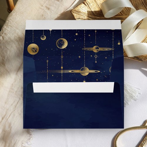 Celestial Stars Moon Planets Blue Gold Wedding Envelope