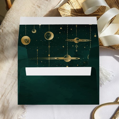 Celestial Stars Moon Planets Emerald Gold Wedding Envelope