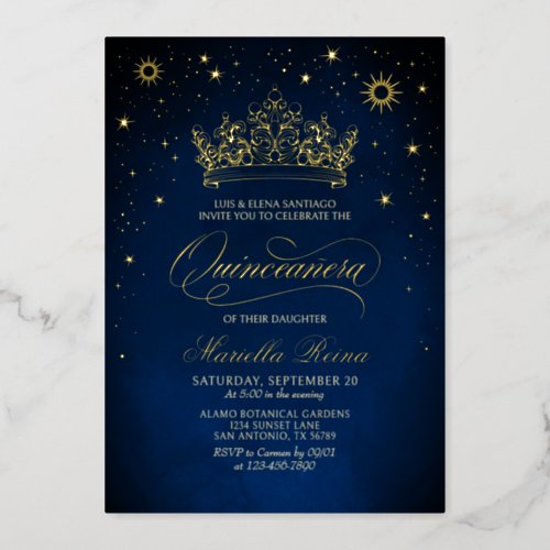 Celestial Stars Navy Gold Quinceaera Invitation Foil Invitation