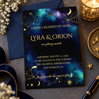 Celestial Stars | Navy Teal Gold Galaxy | Wedding Acrylic Invitations