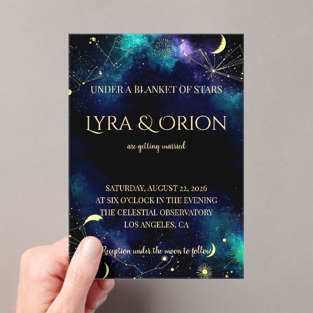 Celestial Stars | Navy Teal Gold Galaxy | Wedding Acrylic Invitations (Insitu (Handheld))