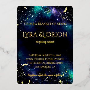 Celestial Stars Navy Teal Gold Galaxy Wedding Foil Invitation