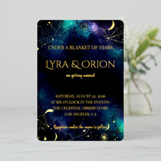 Celestial Stars | Navy Teal Gold Galaxy | Wedding  Foil Invitation