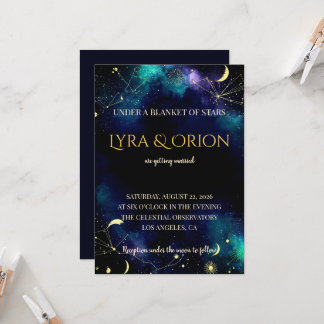 Celestial Stars | Navy Teal Gold Galaxy Wedding Invitation