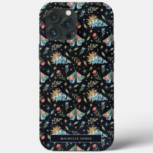 Celestial Stars Night Sky Floral Moth  Monogram iPhone 13 Pro Max Case